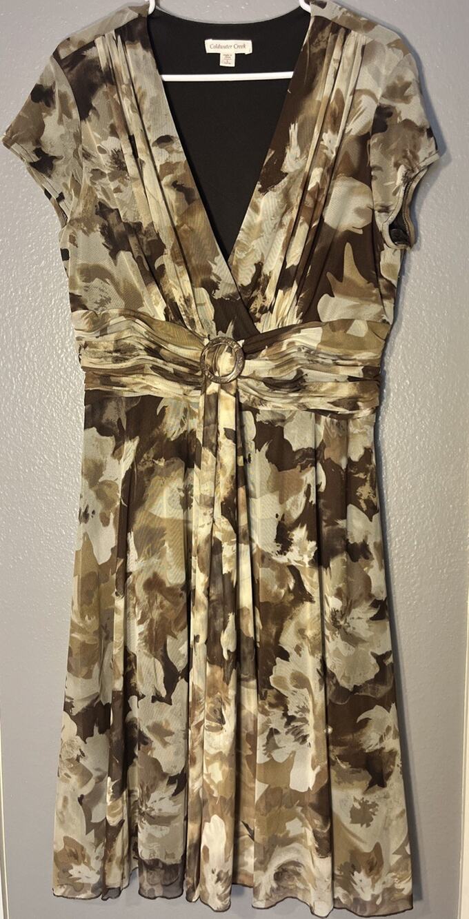 Coldwater Creek Short-sleeve Midi Dress Brown Beige Floral Women's Size Large